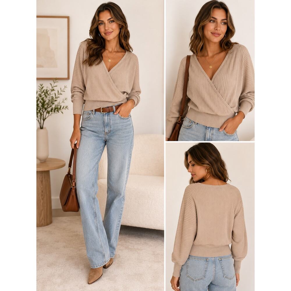 PINQUE Munya Womens LargeBeige Ribbed Wrap Sweater V Neck Balloon Sleeve Coastal